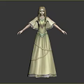 Golden Haired Elven Princess Character In Green Yellow Gown With Pearl Embellishments