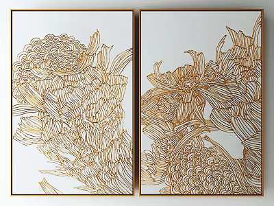 Two Golden Line Floral Decorative Paintings With White Background And Golden Frames For Wall Decoration 3d model