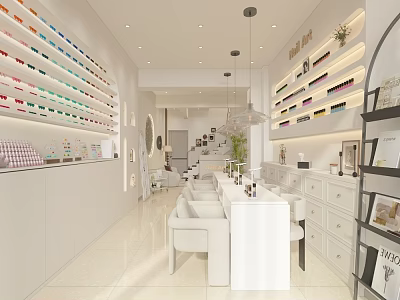 Bright Modern Beauty Hair Salon Interior With White Sofas Product Shelves And Chandeliers 3d model