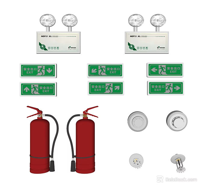 Essential Fire Safety Equipment With Red Extinguishers Green Exit Signs And Detectors 3d model 