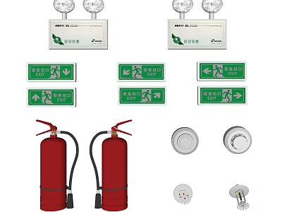 Essential Fire Safety Equipment With Red Extinguishers Green Exit Signs And Detectors 3d model