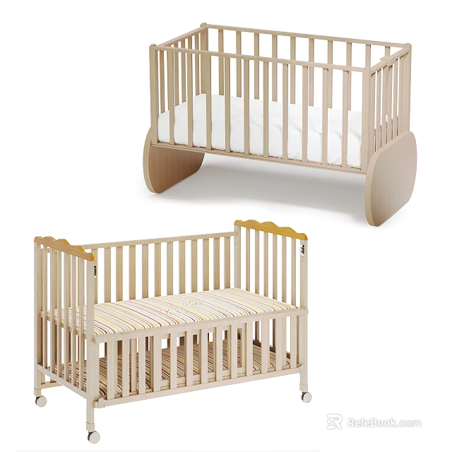 Natural Wood Baby Crib With Curved Base Striped Mattress And Safety Rails 3d model 