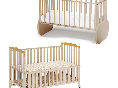 Natural Wood Baby Crib With Curved Base Striped Mattress And Safety Rails 3d model