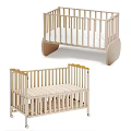 Natural Wood Baby Crib With Curved Base Striped Mattress And Safety Rails