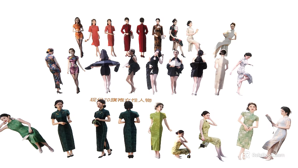 Young Women in Various Poses Wearing Traditional Qipao Displaying Elegant Postures 3d model 