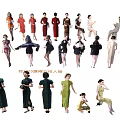 Young Women in Various Poses Wearing Traditional Qipao Displaying Elegant Postures