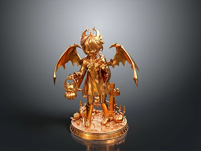 Golden Winged Statue Holding Lantern With Crosses On Decorative Base 3d model