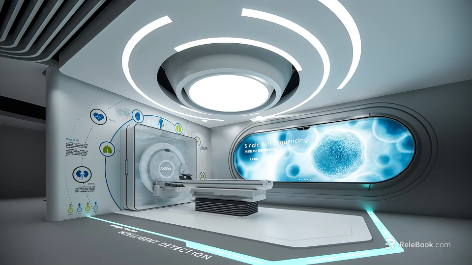 Modern Medical Station Interior With Advanced Equipment Large Screen And Circular Lights 3d model 