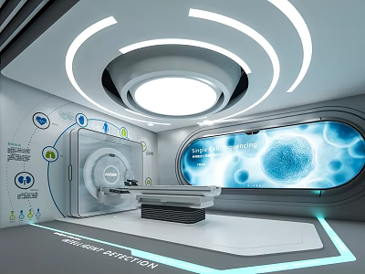 Modern Medical Station Interior With Advanced Equipment Large Screen And Circular Lights 3d model