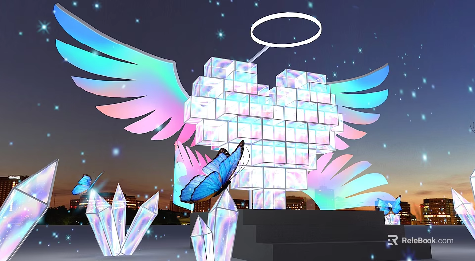 Glowing Cube Structure With Rainbow Wings Butterflies And Crystals Under Night Sky 3d model