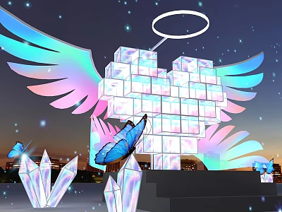 Glowing Cube Structure With Rainbow Wings Butterflies And Crystals Under Night Sky 3d model