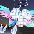 Glowing Cube Structure With Rainbow Wings Butterflies And Crystals Under Night Sky 3d model