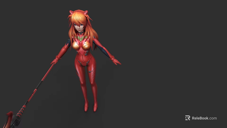 Game Anime Character Orange Long Hair Red Horns Red Tight Suit Holding Long Staff 3d model 