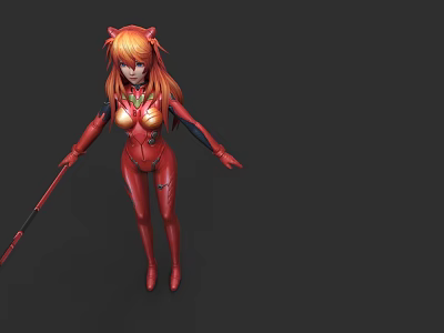 Game Anime Character Orange Long Hair Red Horns Red Tight Suit Holding Long Staff 3d model