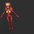 Game Anime Character Orange Long Hair Red Horns Red Tight Suit Holding Long Staff