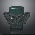 Teal Colored Carved Head Sculpture With Symmetrical Ears And Geometric Facial Design