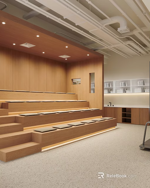 Modern School Learning Space With Wooden Walls Stepped Seating And Open Bookshelves 3d model 