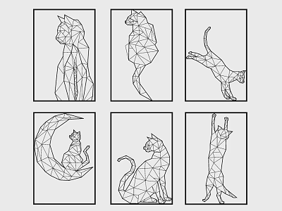 Polygonal Cat Line Art With Different Poses And Simple Black Lines 3d model