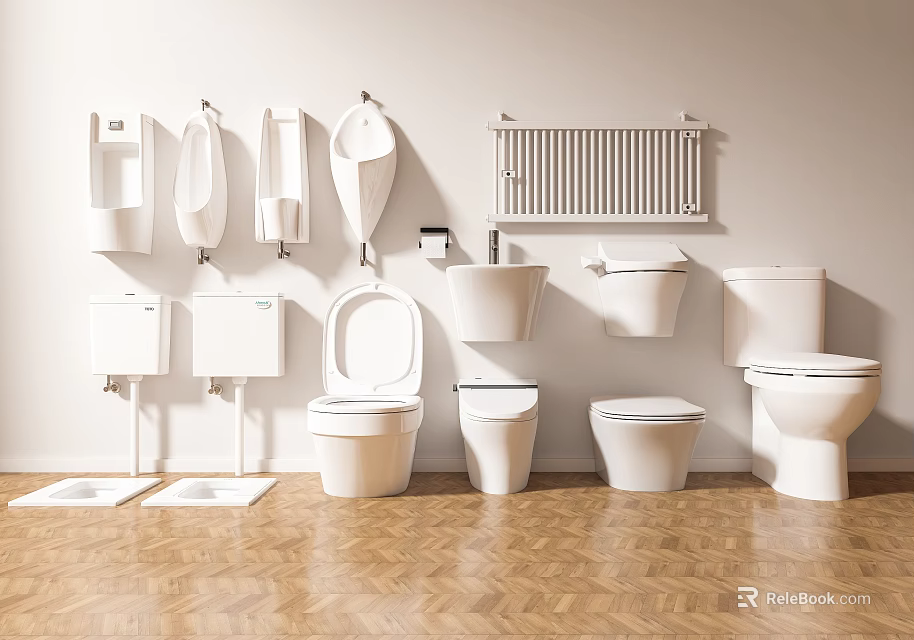 Various Types Of Modern Toilets Displayed With Urinals Wash Basins And Radiator On Wooden Floor 3d model 