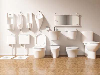 Various Types Of Modern Toilets Displayed With Urinals Wash Basins And Radiator On Wooden Floor 3d model