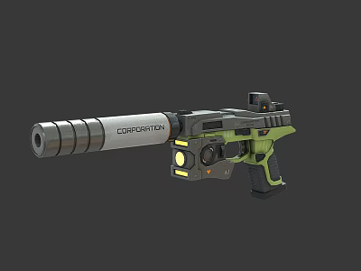 Sci Fi Designation Pistol With Long Barrel Silver Black Green And Yellow Glowing Elements 3d model
