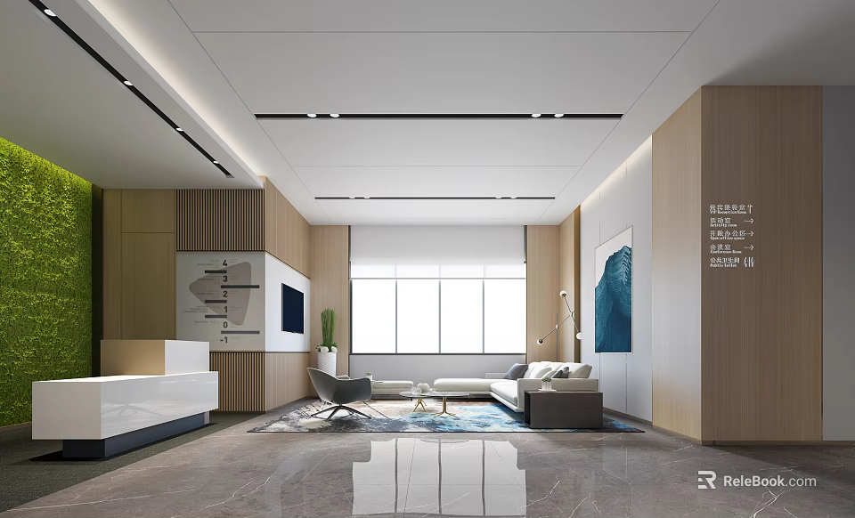 Modern Reception Area Interior Design With Wooden Elements Green Plants And Large Windows 3d model 