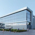 Modern Office Building With Glass Curtain Walls Silver Metal Exterior And Front Entrance Design