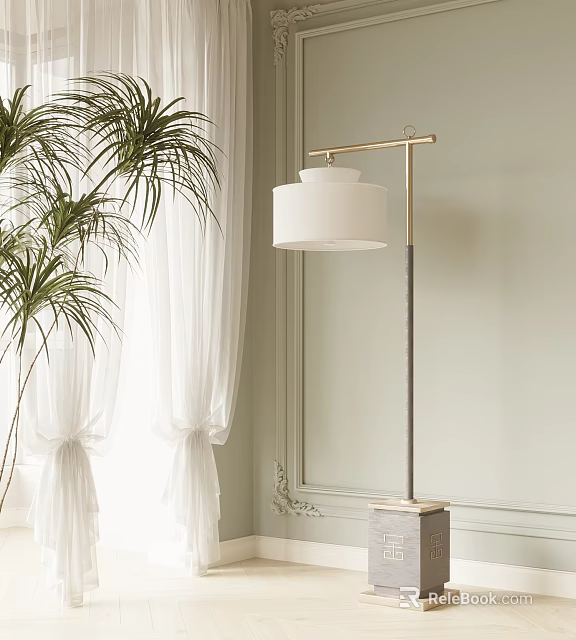 Modern Elegant Floor Lamp With Gold Stand White Shade Marble Base Palm Plant White Curtains 3d model 