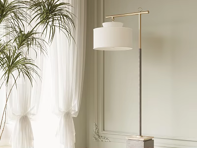Modern Elegant Floor Lamp With Gold Stand White Shade Marble Base Palm Plant White Curtains 3d model