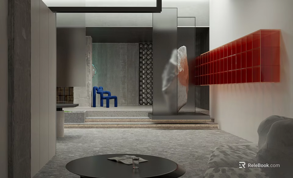 Modern Public Office Space Featuring Blue Chairs Red Shelves And Black Round Table 3d model 