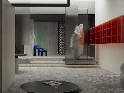 Modern Public Office Space Featuring Blue Chairs Red Shelves And Black Round Table 3d model