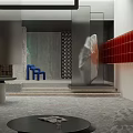 Modern Public Office Space Featuring Blue Chairs Red Shelves And Black Round Table