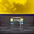 Modern Entrance Gate Design with Stone Frame Vertical Metal Grilles and Courtyard Landscape