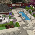 Elegant Red Brick Detached Villa With Porch Fountain And Pink Blossom Tree