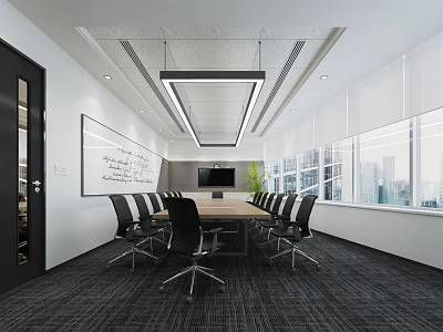 Modern Conference Room With Large Table Black Chairs Whiteboard And City View Windows 3d model