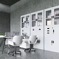 Modern Office Workspace With Desk White Storage Cabinets Chairs And Potted Plant