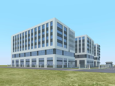Modern Office Building Exterior Architecture With Glass Windows And Lawn Area 3d model