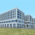 Modern Office Building Exterior Architecture With Glass Windows And Lawn Area