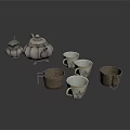 Traditional Tea Set With Silver Teapot Sugar Bowl Patterned Cups And Metal Mugs