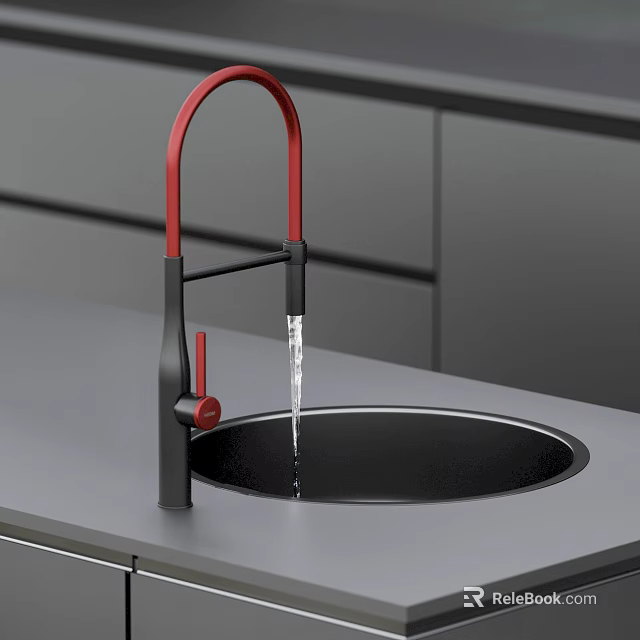 Modern Red Faucet With Black Base Water Dripping Over Kitchen Sink Countertop 3d model 