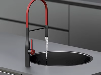 Modern Red Faucet With Black Base Water Dripping Over Kitchen Sink Countertop 3d model