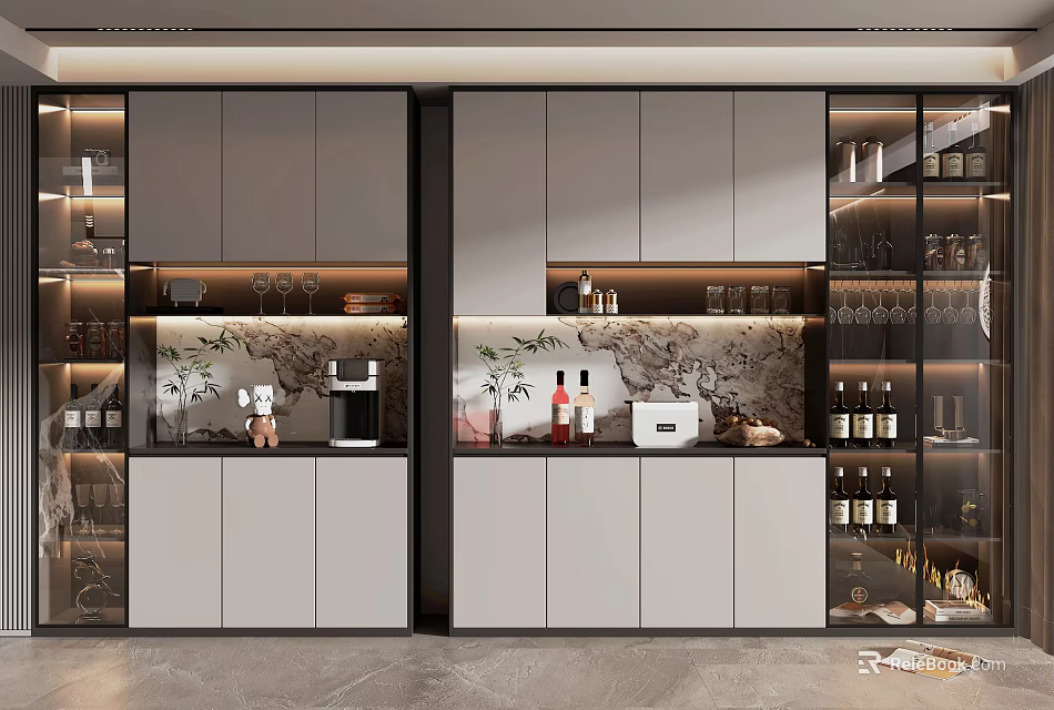 Modern Elegant Wine Cabinet Design With Glass Doors Marble Backsplash And Displayed Wine Bottles 3d model 