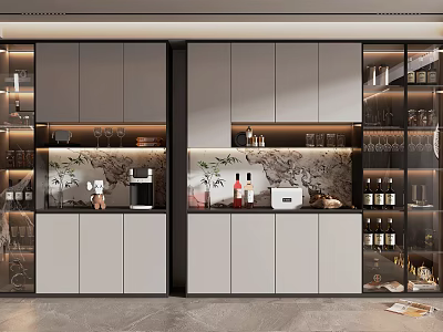 Modern Elegant Wine Cabinet Design With Glass Doors Marble Backsplash And Displayed Wine Bottles 3d model