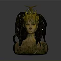 Mythical Character Head With Snake Like Hair Golden Crown And Yellow Eyes Green Texture