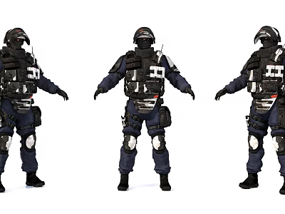 Three Men In Full Tactical Gear With Helmets And Knee Pads 3d model