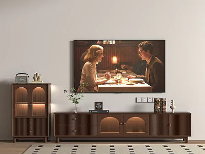 Wooden TV Stand in Living Room with Vase Photo Frame Books Above Decorative Painting 3d model