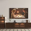 Wooden TV Stand in Living Room with Vase Photo Frame Books Above Decorative Painting