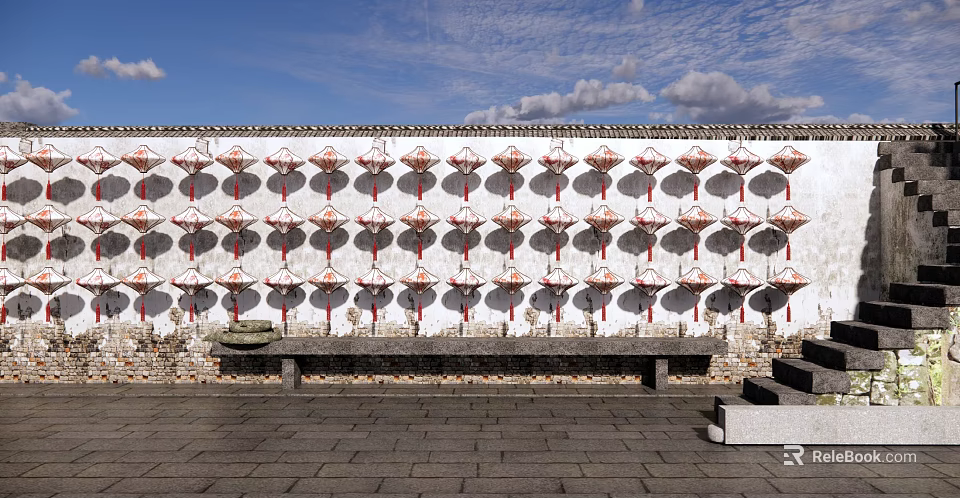 Feature Wall with Red Lanterns Arranged on White Surface and Stone Bench 3d model