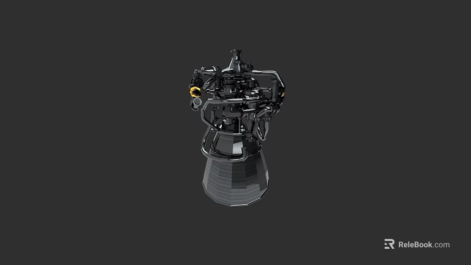 Complex Mechanical Device With Metal Components And Cylindrical Base On Black Background 3d model 