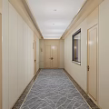 Hotel Corridor With Long Passage Doors On Both Sides Carpeted Floor And Ceiling Lights